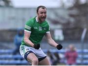 30 April 2022; Robbie Bourke of Limerick, left, celebrates after scoring his side's second goal, in extra-time, during the Munster GAA Senior Football Championship Quarter-Final match between Clare and Limerick at Cusack Park in Ennis, Clare. Photo by Piaras Ó Mídheach/Sportsfile