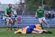 30 April 2022; Robbie Bourke of Limerick, left, celebrates after scoring his side's second goal, in extra-time, during the Munster GAA Senior Football Championship Quarter-Final match between Clare and Limerick at Cusack Park in Ennis, Clare. Photo by Piaras Ó Mídheach/Sportsfile