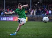 30 April 2022; James Naughton of Limerick shoots to score the winning penalty in the penalty shoot-out of the Munster GAA Senior Football Championship Quarter-Final match between Clare and Limerick at Cusack Park in Ennis, Clare. Photo by Piaras Ó Mídheach/Sportsfile