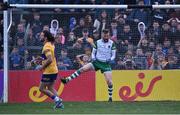 30 April 2022; Limerick goalkeeper Donal O Sullivan celebrates after Cian O'Dea of Clare, left, missed his penalty in the penalty shoot-out of the Munster GAA Senior Football Championship Quarter-Final match between Clare and Limerick at Cusack Park in Ennis, Clare. Photo by Piaras Ó Mídheach/Sportsfile