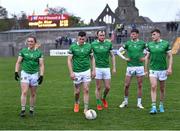 30 April 2022; Limerick penalty takers, from left, Peter Nash, Iain Corbett, Robbie Bourke, Brian Donovan and James Naughton make their way to the penalty shoot-out of the Munster GAA Senior Football Championship Quarter-Final match between Clare and Limerick at Cusack Park in Ennis, Clare. Photo by Piaras Ó Mídheach/Sportsfile