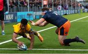 30 April 2022; Robert Baloucoune of Ulster scores a try during the United Rugby Championship match between Edinburgh and Ulster at The Dam Heath Stadium in Edinburgh, Scotland. Photo by Paul Devlin/Sportsfile