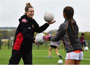 30 April 2022; LGFA Gaelic4Teens ambassador Emily Martin, left, during the 2022 Gaelic4Teens Festival Day at the GAA National Games Development Centre in Abbotstown, Dublin. Photo by Sam Barnes/Sportsfile