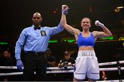 30 April 2022; Skye Nicolson is declared victorious following her featherweight bout with Shanecqua Paisley Davis at Madison Square Garden in New York, USA. Photo by Stephen McCarthy/Sportsfile