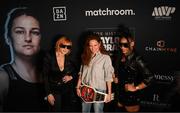 29 April 2022; Erika Nardini, CEO of Barstool Sports, with WWE wrestlers Becky Lynch, left, and WWE wrestler Bianca Belair during the weigh-in, at Hulu Theatre at Madison Square Garden, ahead of the undisputed lightweight championship fight between Katie Taylor and Amanda Serrano, on Saturday night at Madison Square Garden in New York, USA. Photo by Stephen McCarthy/Sportsfile
