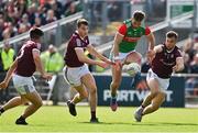 24 April 2022; Aidan O’Shea of Mayo in action against Seán Kelly, left, Matthew Tierney and Paul Conroy of Galway during the Connacht GAA Football Senior Championship Quarter-Final match between Mayo and Galway at Hastings Insurance MacHale Park in Castlebar, Mayo. Photo by Brendan Moran/Sportsfile