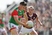 24 April 2022; James Carr of Mayo in action against Kieran Molloy of Galway during the Connacht GAA Football Senior Championship Quarter-Final match between Mayo and Galway at Hastings Insurance MacHale Park in Castlebar, Mayo. Photo by Brendan Moran/Sportsfile