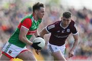 24 April 2022; Matthew Ruane of Mayo in action against Kieran Molloy of Galway during the Connacht GAA Football Senior Championship Quarter-Final match between Mayo and Galway at Hastings Insurance MacHale Park in Castlebar, Mayo. Photo by Brendan Moran/Sportsfile