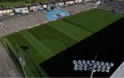 24 April 2022; (EDITOR'S NOTE; This photograph was taken with a drone) Groundsman Darren Heneghan makes some finishing touches to the pitch before the Connacht GAA Football Senior Championship Quarter-Final match between Mayo and Galway at Hastings Insurance MacHale Park in Castlebar, Mayo. Photo by Brendan Moran/Sportsfile
