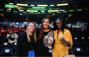 30 April 2022; UFC fighter Molly McCann, left, Bellator Women's Featherweight Champion Kris Cyborg, centre, and Boxer Claressa Shields in attendance at Madison Square Garden in New York, USA. Photo by Stephen McCarthy/Sportsfile