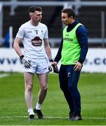 28 April 2022; Kildare manager Brian Flanagan, left, with Dean O'Donoghue of Kildare before the EirGrid Leinster GAA Football U20 Championship Final match between Dublin and Kildare at MW Hire O'Moore Park in Portlaoise, Laois. Photo by Ben McShane/Sportsfile