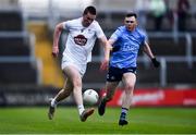 28 April 2022; Luke Killian of Kildare and Adam Waddick of Dublin during the EirGrid Leinster GAA Football U20 Championship Final match between Dublin and Kildare at MW Hire O'Moore Park in Portlaoise, Laois. Photo by Ben McShane/Sportsfile