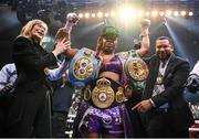 30 April 2022; Franchon Crews Dezurn celebrates after winning her undisputed super middleweight championship fight with Elin Cederroos at Madison Square Garden in New York, USA. Photo by Stephen McCarthy/Sportsfile