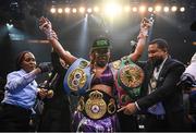 30 April 2022; Franchon Crews Dezurn celebrates after winning her undisputed super middleweight championship fight with Elin Cederroos at Madison Square Garden in New York, USA. Photo by Stephen McCarthy/Sportsfile