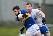 30 April 2022; Shane O'Connell of Tipperary in action against Michael Curry of Waterford during the Munster GAA Senior Football Championship Quarter-Final match between Waterford and Tipperary at Fraher Field in Dungarvan, Waterford. Photo by Seb Daly/Sportsfile