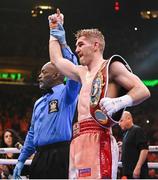 30 April 2022; Liam Smith is declared victorious after his vacant WBO intercontinental junior middleweight title fight with Jessie Vargas at Madison Square Garden in New York, USA. Photo by Stephen McCarthy/Sportsfile