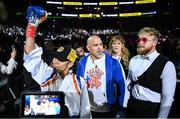 30 April 2022; Amanda Serrano, with promoter Jake Paul, right, before her undisputed world lightweight championship fight with Katie Taylor at Madison Square Garden in New York, USA. Photo by Stephen McCarthy/Sportsfile