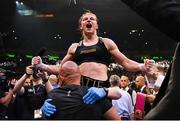 30 April 2022; Katie Taylor celebrates victory after her undisputed world lightweight championship fight with Amanda Serrano at Madison Square Garden in New York, USA. Photo by Stephen McCarthy/Sportsfile