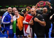 30 April 2022; Katie Taylor with her coach Ross Enamait, right, and Amanda Serrano with her coach Jordan Maldonado, left, after their undisputed world lightweight championship fight at Madison Square Garden in New York, USA. Photo by Stephen McCarthy/Sportsfile