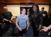 30 April 2022; Katie Taylor with Laila Ali after her undisputed world lightweight championship fight with Amanda Serrano at Madison Square Garden in New York, USA. Photo by Stephen McCarthy/Sportsfile