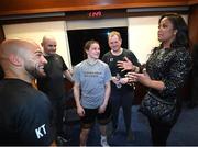 30 April 2022; Katie Taylor, trainer Ross Enamait, left, Tomas Rohan and manager Brian Peters, right, with Laila Ali after the undisputed world lightweight championship fight with Amanda Serrano at Madison Square Garden in New York, USA. Photo by Stephen McCarthy/Sportsfile