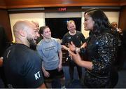 30 April 2022; Katie Taylor, trainer Ross Enamait, left, and manager Brian Peters, with Laila Ali after the undisputed world lightweight championship fight with Amanda Serrano at Madison Square Garden in New York, USA. Photo by Stephen McCarthy/Sportsfile