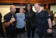 30 April 2022; Katie Taylor, trainer Ross Enamait, left, and manager Brian Peters, right, with Laila Ali after the undisputed world lightweight championship fight with Amanda Serrano at Madison Square Garden in New York, USA. Photo by Stephen McCarthy/Sportsfile