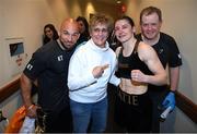 30 April 2022; Katie Taylor, trainer Ross Enamait, left, and manager Brian Peters, right, with former professional boxer Christy Martin after her undisputed world lightweight championship fight with Amanda Serrano at Madison Square Garden in New York, USA. Photo by Stephen McCarthy/Sportsfile