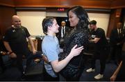 30 April 2022; Katie Taylor with Laila Ali following her undisputed world lightweight championship fight victory over Amanda Serrano at Madison Square Garden in New York, USA. Photo by Stephen McCarthy/Sportsfile