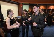 30 April 2022; Katie Taylor with boxer Ryan Garcia after her undisputed world lightweight championship fight with Amanda Serrano at Madison Square Garden in New York, USA. Photo by Stephen McCarthy/Sportsfile