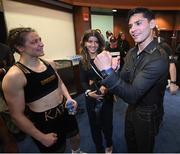 30 April 2022; Katie Taylor with boxer Ryan Garcia after her undisputed world lightweight championship fight with Amanda Serrano at Madison Square Garden in New York, USA. Photo by Stephen McCarthy/Sportsfile