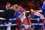 30 April 2022; Amanda Serrano is attended to between rounds during her undisputed world lightweight championship fight with Katie Taylor at Madison Square Garden in New York, USA. Photo by Stephen McCarthy/Sportsfile