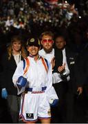30 April 2022; Amanda Serrano accompanied by promoter Jake Paul walks to the ring for her undisputed world lightweight championship fight with Katie Taylor at Madison Square Garden in New York, USA. Photo by Stephen McCarthy/Sportsfile