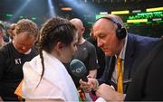 30 April 2022; Katie Taylor is interviewed by BBC's Steve Bunce following her undisputed world lightweight championship fight victory over Amanda Serrano at Madison Square Garden in New York, USA. Photo by Stephen McCarthy/Sportsfile