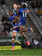30 April 2022; Rory O'Loughlin of Leinster contests a high ball with Leolin Zas, left, and Warrick Gelant of DHL Stormers during the United Rugby Championship match between DHL Stormers and Leinster at the DHL Stadium in Cape Town, South Africa. Photo by Harry Murphy/Sportsfile