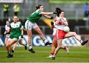 1 May 2022; Annie Ní Lochlainn of Derry in action against Nuala Curran of Fermanagh during the Ulster Ladies Football Junior Championship Semi Final match between Derry and Fermanagh at O'Neills Healy Park in Omagh, Tyrone. Photo by David Fitzgerald/Sportsfile