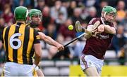1 May 2022; Cianan Fahy of Galway has a shot on goal blocked by Paddy Deegan and Tommy Walsh of Kilkenny during the Leinster GAA Hurling Senior Championship Round 3 match between Galway and Kilkenny at Pearse Stadium in Galway. Photo by Brendan Moran/Sportsfile