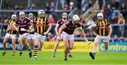1 May 2022; Gearoid McInerney of Galway is dispossessed by Michael Carey of Kilkenny during the Leinster GAA Hurling Senior Championship Round 3 match between Galway and Kilkenny at Pearse Stadium in Galway. Photo by Brendan Moran/Sportsfile