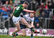 1 May 2022; Mathew Costello of Meath scores his side's third goal despite the attention of Andy Maher of Wicklow during the Leinster GAA Football Senior Championship Quarter-Final match between Meath and Wicklow at Páirc Tailteann in Navan, Meath. Photo by Ben McShane/Sportsfile