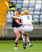 1 May 2022; Conor McDonald of Wexford shoots to score his side's first goal past Laois goalkeeper Enda Rowland during the Leinster GAA Hurling Senior Championship Round 3 match between Laois and Wexford at MW Hire O’Moore Park in Portlaoise, Laois. Photo by Michael P Ryan/Sportsfile