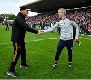 1 May 2022; Kilkenny manager Brian Cody, left, and Galway manager Henry Shefflin shake hands after the Leinster GAA Hurling Senior Championship Round 3 match between Galway and Kilkenny at Pearse Stadium in Galway. Photo by Brendan Moran/Sportsfile