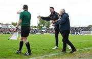 1 May 2022; Kilkenny selector Martin Comerford argues with linesman Fergal Horgan during the closing stages of the Leinster GAA Hurling Senior Championship Round 3 match between Galway and Kilkenny at Pearse Stadium in Galway. Photo by Brendan Moran/Sportsfile