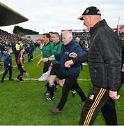 1 May 2022; Referee Colm Lyons leaves the pitch followed by Kilkenny manager Brian Cody after the Leinster GAA Hurling Senior Championship Round 3 match between Galway and Kilkenny at Pearse Stadium in Galway. Photo by Brendan Moran/Sportsfile