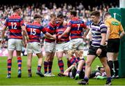 1 May 2022; Ben Griffin of Clontarf, centre, is congratulated by team-mates after he scored a try during the Energia All-Ireland League Division 1 Final match between Clontarf and Terenure at Aviva Stadium in Dublin. Photo by Oliver McVeigh/Sportsfile