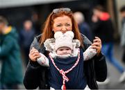 1 May 2022; Tyrone supporter Shauna Campbell, with daughter Saoirse, age 21 weeks, from Clonoe, Tyrone arrive before the Ulster GAA Football Senior Championship Quarter-Final match between Tyrone and Derry at O'Neills Healy Park in Omagh, Tyrone. Photo by David Fitzgerald/Sportsfile