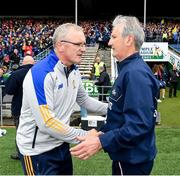 1 May 2022; Clare manager Brian Lohan and Cork manager Kieran Kingston shake hands after the Munster GAA Hurling Senior Championship Round 3 match between Cork and Clare at FBD Semple Stadium in Thurles, Tipperary. Photo by Ray McManus/Sportsfile