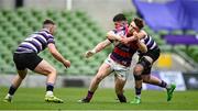 1 May 2022; Tadhg Bird of Clontarf is tackled by Luke Clohessy of Terenure College during the Energia All-Ireland League Division 1 Final match between Clontarf and Terenure at Aviva Stadium in Dublin. Photo by Oliver McVeigh/Sportsfile