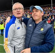 1 May 2022; Clare manager Brian Lohan celebrates with one of his selectors, Ken ralph, on the final whistle of the Munster GAA Hurling Senior Championship Round 3 match between Cork and Clare at FBD Semple Stadium in Thurles, Tipperary. Photo by Ray McManus/Sportsfile