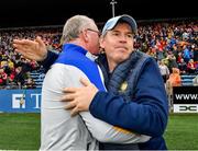 1 May 2022; Clare manager Brian Lohan celebrates with one of his selectors, Ken ralph, on the final whistle of the Munster GAA Hurling Senior Championship Round 3 match between Cork and Clare at FBD Semple Stadium in Thurles, Tipperary. Photo by Ray McManus/Sportsfile