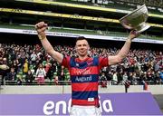 1 May 2022; Clontarf captain Matt D'Arcy with the cup after the Energia All-Ireland League Division 1 Final match between Clontarf and Terenure at Aviva Stadium in Dublin. Photo by Oliver McVeigh/Sportsfile